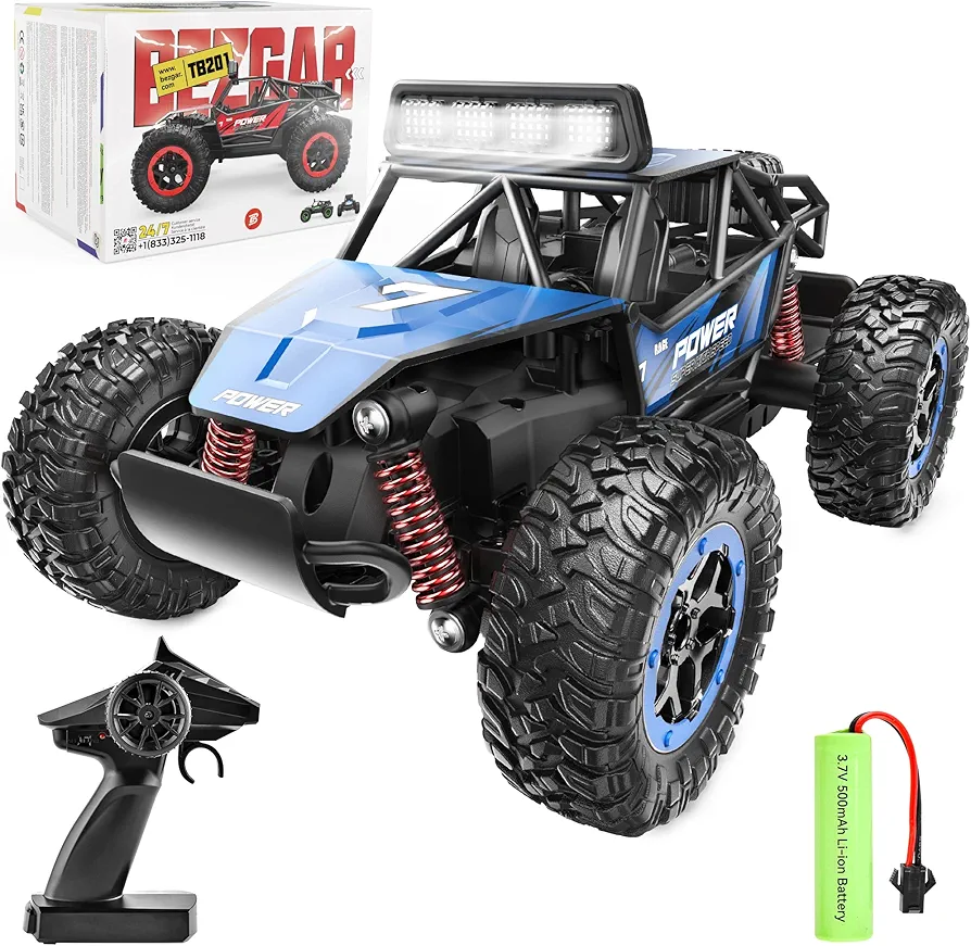 BEZGAR TB201 RC Cars-1:20 Scale Remote Control Car-2WD High Speed 20 Km/h Electric Toy Off Road Vehicle Monster Truck Crawler with LED Headlight and Rechargeable Battery for 8-12 Year Old Boys Girls