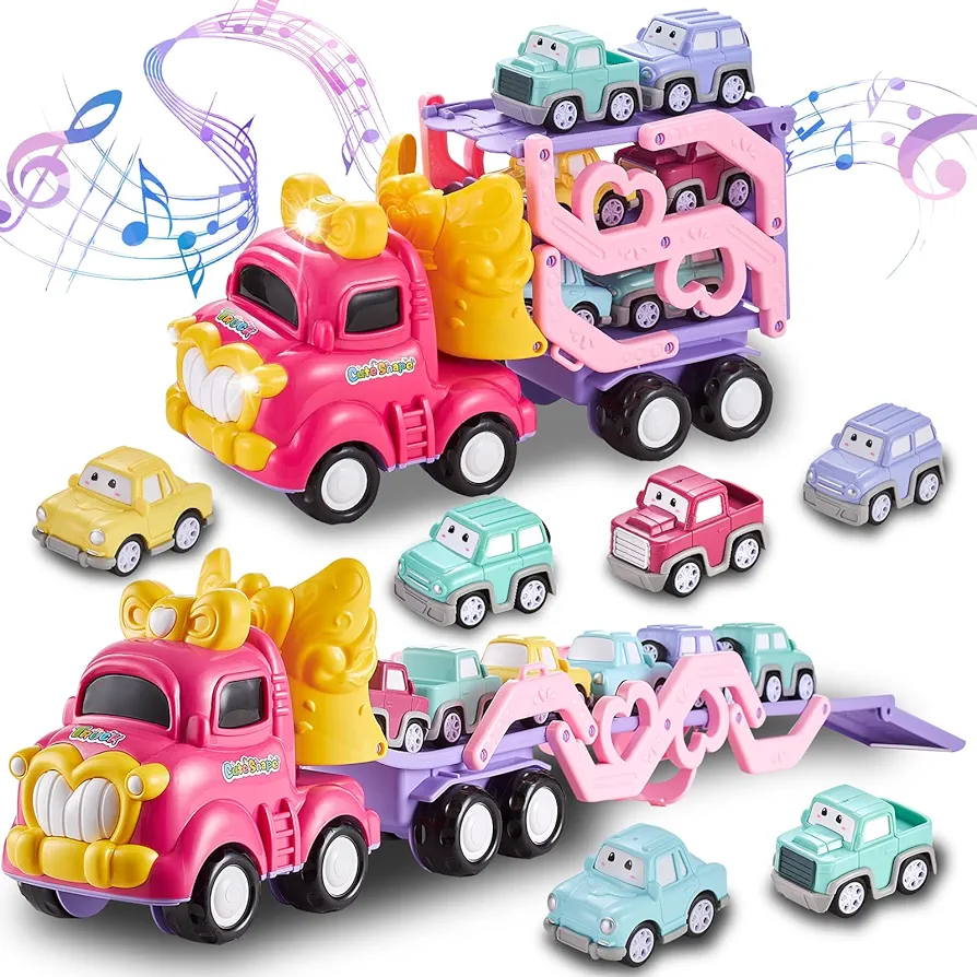 Toddler Car Toys for 1 2 3 4 5 Year Old Girl | 7-in-1 Pink Princess Foldable Transport Carrier Trucks for Baby | Lights & Music | 3 Layer Transformable Carriage Set | (Bowknot)