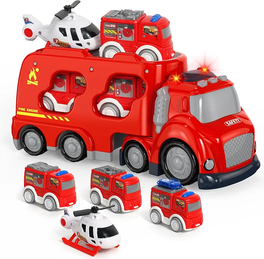 Fire truck Car Toys Set for 3 4 5 6 Years Old Toddlers Boys & Girls Gift, 4 Small Friction Powered Cars Helicopter, Fire Engines, Sound and Light Big Truck 10 * 3.5 * 4.7 INCH