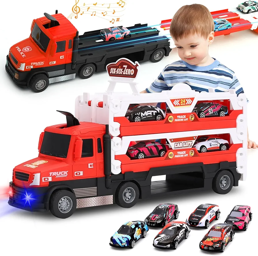 Car Transporter Toy Truck for Toddlers 3-5 with 55-Inch Ejection Race Track, Deform Catapulting and Shooting Folding Storage Car Carrier with 6 Race Cars Gift for Kids ages 3-5, 4-8