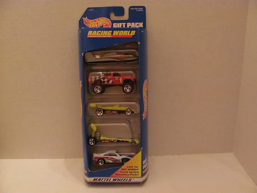 Vintage - Hot Wheels - RACING WORLD - 5 Car GIFT PACK (Each is 1:64 Scale Die Cast Metal Car) - 1997 - by MATTEL / (Made in Thailand / For Ages Over 3 Years)