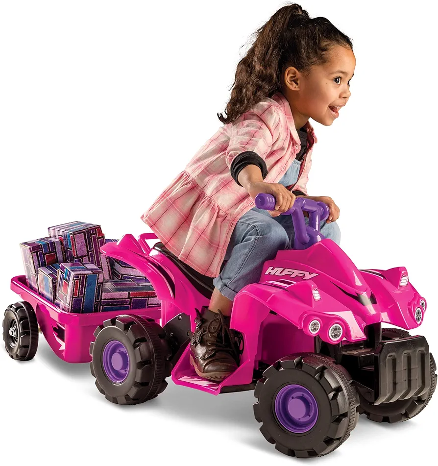 Huffy Hot Pink Kids Ride On Toy, Hot Pink 6V Electric Ride On Mini Quad, 1.5MPH Speed, Ages 1.5-3, Max Weight 50lbs., Trailer and Blocks Included, Unlock Imaginative Play, Easy to Drive