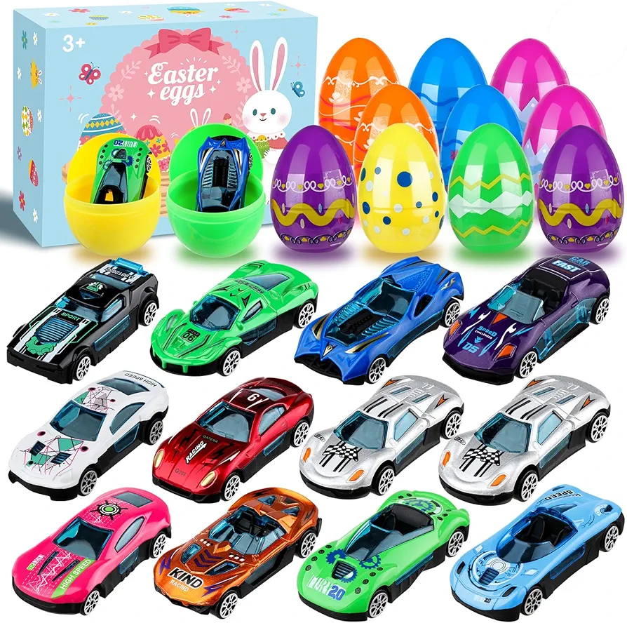 12pcs Kids Easter Gifts Race Car Vehicle Toys ,Prefilled Plastic Easter Eggs Gifts for Boys, Easter Eggs with Toys Inside Car Easter Toys for Kids Ages 4-8，8-12