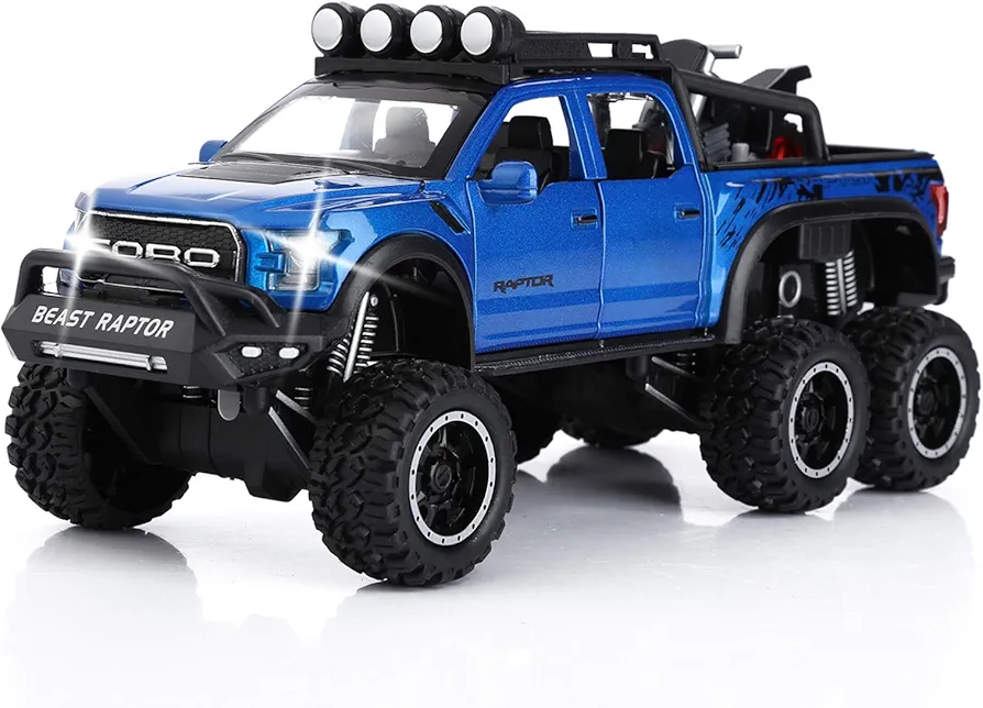 SASBSC Toy Pickup Trucks for Boys F150 Raptor Diecast Metal Model Car with Sound and Light for Kids Age 3 Year and up Blue