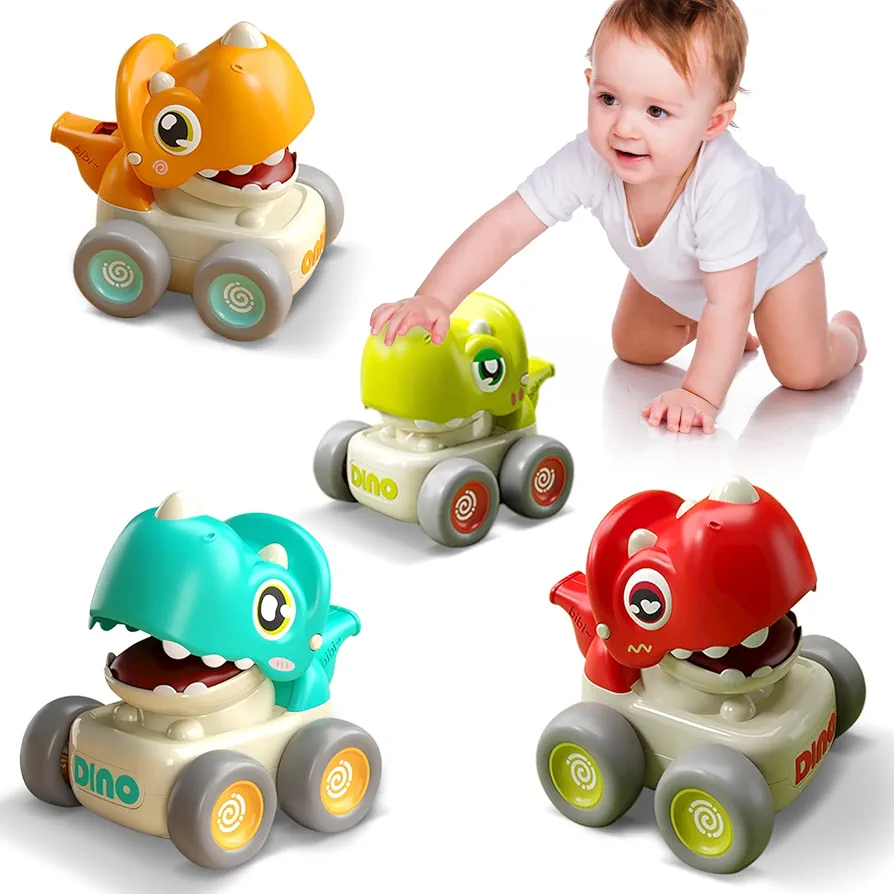 Dinosaur Racing Cars for Toddlers 1-3, Baby Press and Go Car Toys, Infant Play Vehicle Set with Whistle, Baby Push Go Friction Car Toys for 18M+, 1st Birthday Gift for 1 2 Years Old Boys Girls