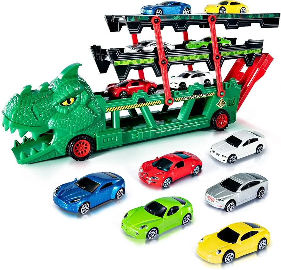 TEMI Dinosaur Truck Toy with 6 Diecast Race Cars for 2 3 4 5 6 Years Old Toddler Boys, Dino Storage Carrier with 4 Expandable Levels, Features A Built-in Cars Launcher, Gift for Preschool Kids