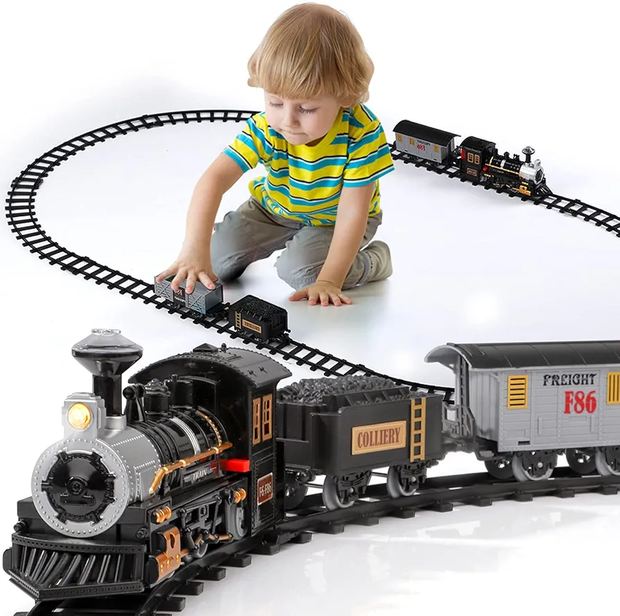 Lucky Doug Electric Train Set for Kids, Train Toys with Sounds Include 4 Cars and 10 Tracks, Classic Toy Train Set for 3 4 5 6 Years Old Boys Girls