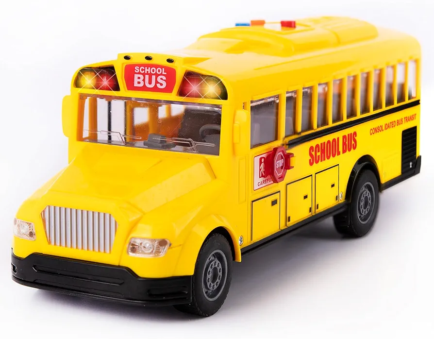 Yellow School Bus Toy with Flashing Lights & Sound, Friction Powered 1/16 Scale School Bus Toy for Kids with 4 Different Sounds & Lights, Back and Side Doors Open, Great Gift Toys for Ages 2-4+