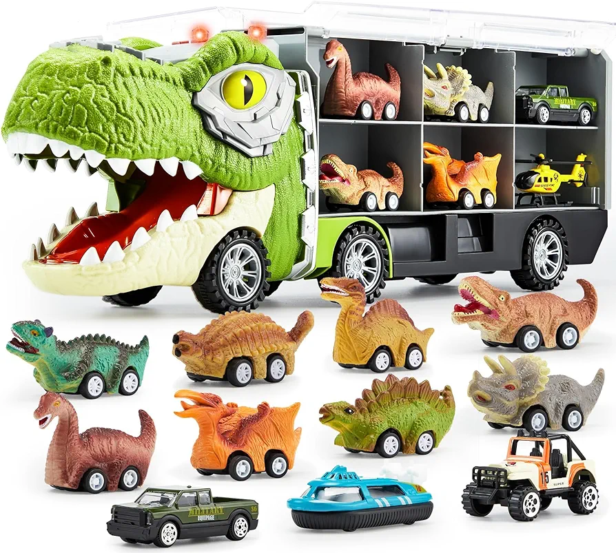 JOYIN 13 in 1 Dinosaur Toys for Kids 3-5, Dinosaur Truck with 12 Pull Back Cars, Dinosaur Cars Set, Birthday Gifts Toys for 3 4 5+ Year Old Boy, Transport Carrier Truck for Toddlers 3-4 Years