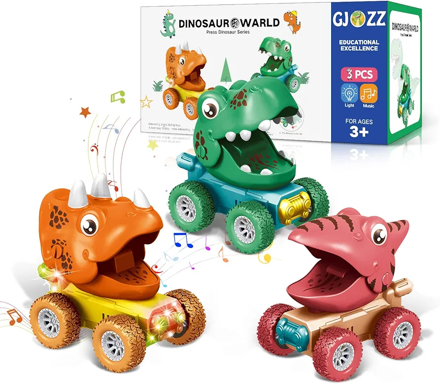 Dinosaur Toys for 2-5 Year Old Boys, Flashing Lights and Roar Music Toys for 3 Year Old Boy, 3pcs Dinosaurs Pull Back Cars, Monster Trucks Christmas Birthday Gifts for Kids Age 2,4,5