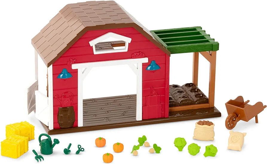 Li’l Woodzeez – Happy Harvest Farm Playset – 20 Pcs Doll Playset with Farmer & Garden Accessories – Pretend Play Toy Barn for Kids Age 3+