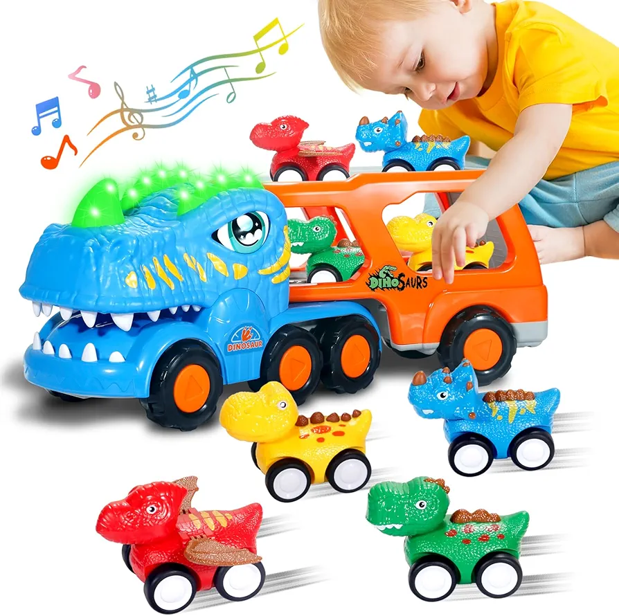 Dinosaur Truck Toys for Kids 1 2 3 4 Years，5-in-1 Dinosaur Toy Cars for Toddlers 1-3，Dinosaur Transport Carrier Truck with Roaring Sound,Flashing Lights and Music for Boys