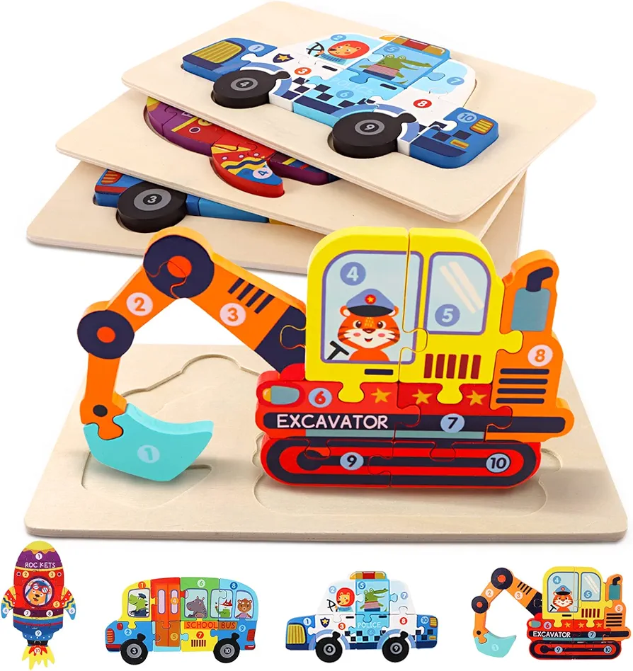 Wooden Puzzles for Toddlers, 4 Pack Wooden Transportation Puzzles Toys Gift for Kids 1-3, Montessori Educational Learning Blocks Board Toys for Boys and Girls Ages 1 2 3 4 5 Years Old