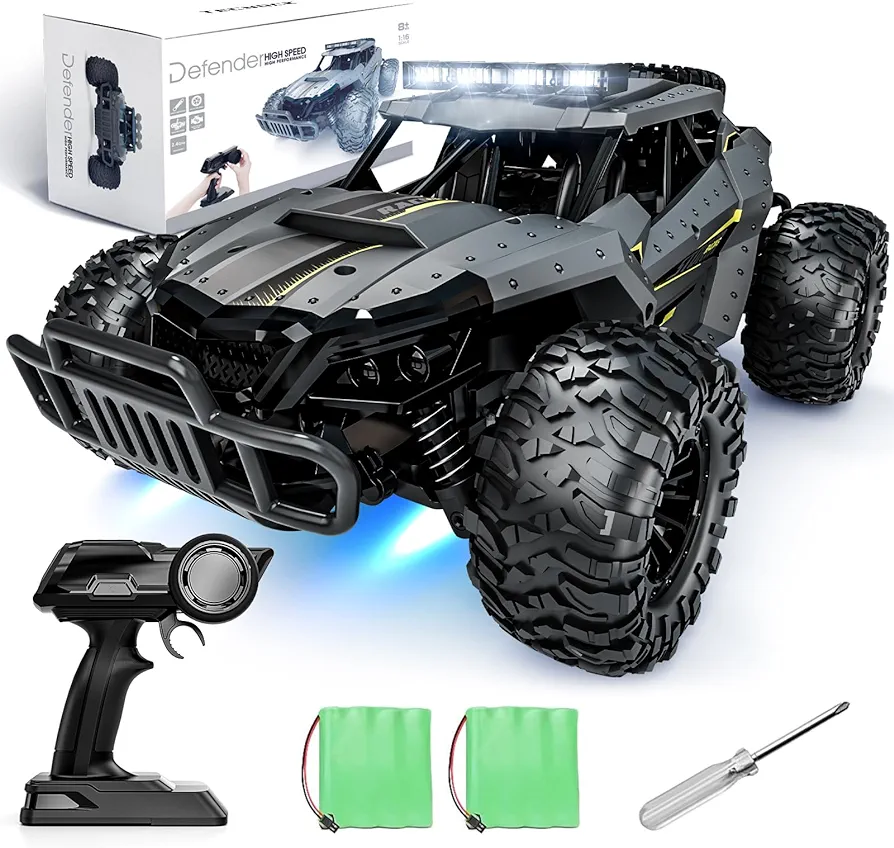 Tecnock Remote Control Car, 1:16 Scale 25 Km/h Fast RC Cars for Adults,2.4GHz Off Road RC Truck Toys with LED Headlight and Rechargeable Battery,Gift for Boys Age 8-12