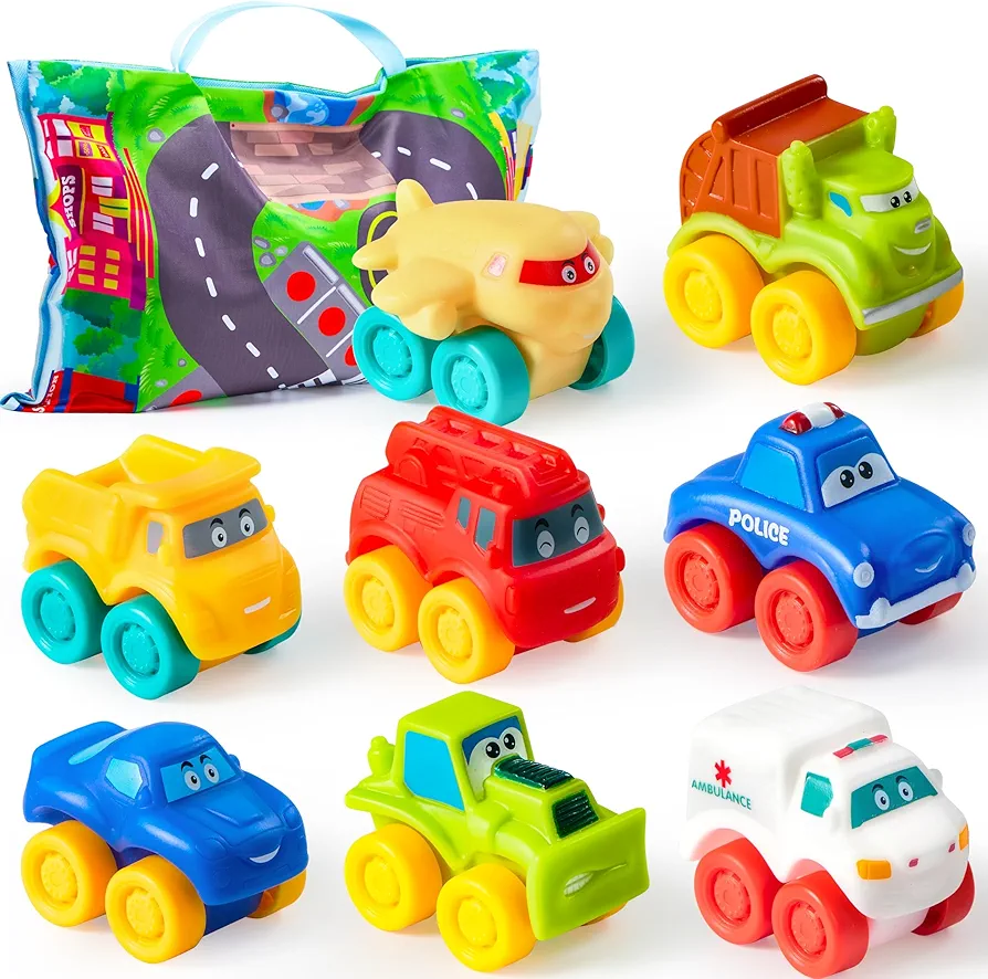 JOYIN Rubber Toy Cars for Toddlers 1-3 Year Old, 8 PCS Cartoon Baby Truck Cars Bath Toy with Storage Bag , 1 2 Year Old Boy Toys Birthday Gift, Pinata Bags Filler, Carnival Prizes