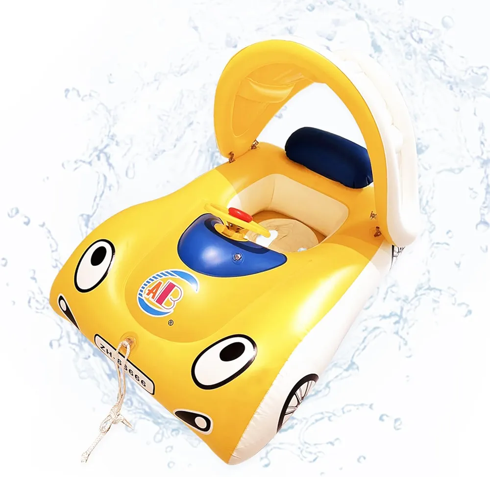 Kids Float Yellow Car with Canopy Inflatable Pool with Horn Floatie Toys with Leash Swimming Ring Beach Party Raft Water Battle Games for Kids Age 1 2 3 4 5 6