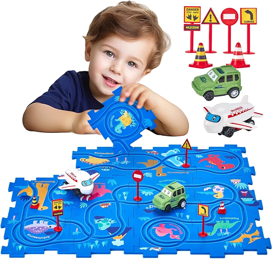 Puzzle Racer Kids Car Track Set - Toys for Ages 2-4 for Kids 3 Year Old Boy Toys Dinosaur Jigsaw Puzzle Track Car PlaySet for 3-5 with Car & Airplane Children's Educational Learning Toy Birthday Gift