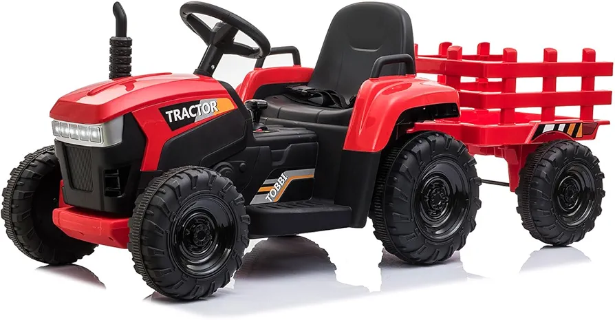 TOBBI Ride On Toys for Kids, 12v Battery-Powered Tractor with Trailer, 4 Wheels Ride On Car with 35W Dual Motors/3-Gear-Shift/LED Lights/USB Audio Functions for Toddlers 3-6 Years-Red