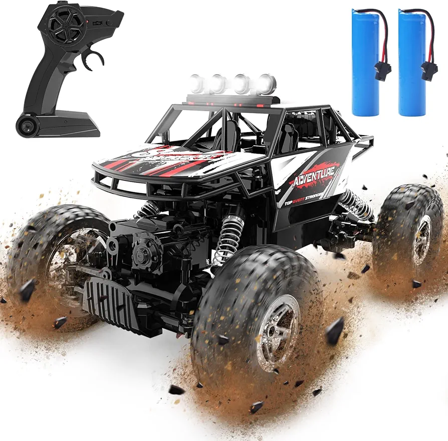 DEERC DE45 RC Cars Remote Control Car 1:14 Off Road Monster Truck,Metal Shell 4WD Dual Motors LED Headlight Rock Crawler,2.4Ghz All Terrain Hobby Truck with 2 Batteries for 90 Min Play,Boy Adult Gifts