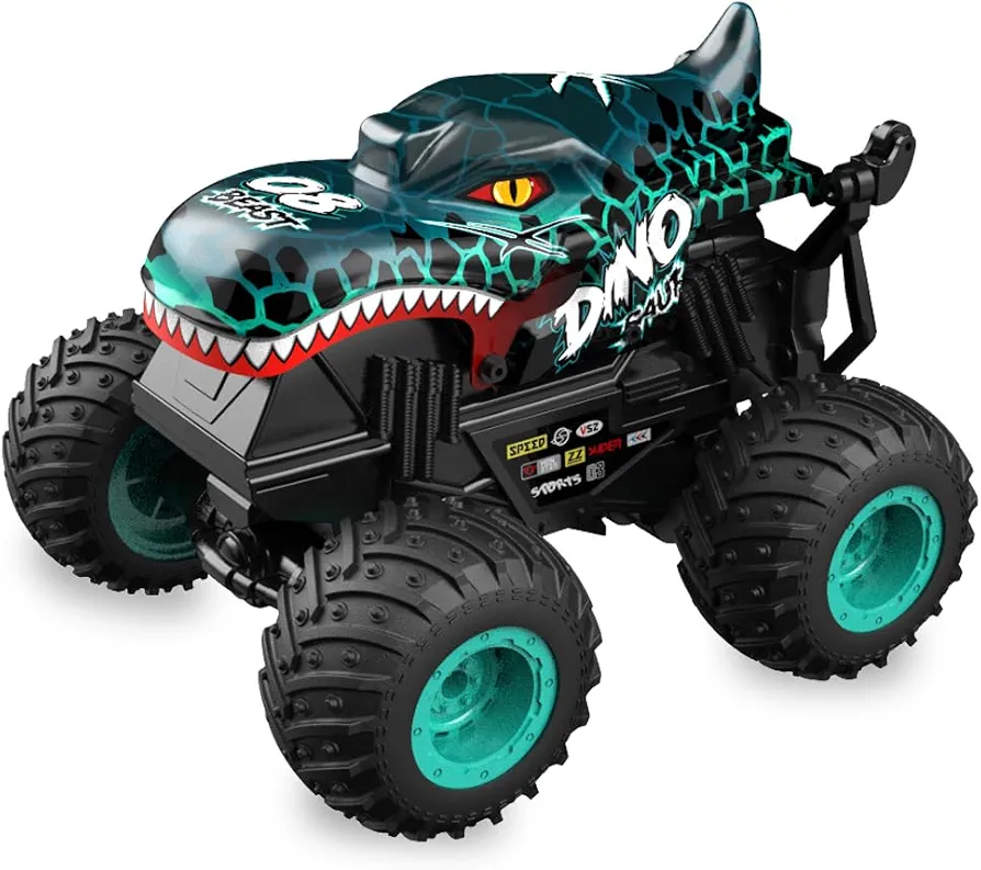 1:20 RC Car for kids, 2.4GHz Remotes, Cyan Dinosaur Monster Truck Toys, All Terrain stunt Remote Control Car with Music, Light, 2 Rechargeable Batteries, Gifts Presents for Boys/Girls Ages 3+