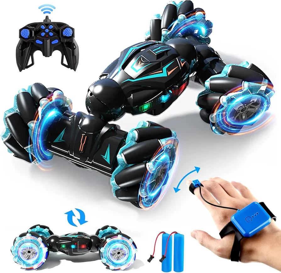 1:12 RC Stunt Car, 2.4GHz 4WD Remote Control Gesture Sensor Toy Cars, Double Sided Rotating Off Road Vehicle 360° Flips with Lights Music, Toy Cars for Boys & Girls Birthday