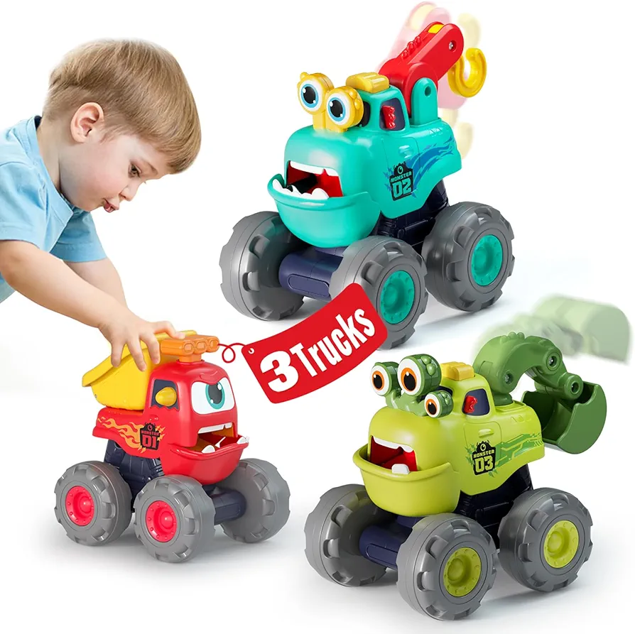 HOLA Toys for 1 Year Old Boy Birthday Gift - 3 PCS Monster Trucks Toys for 2 Year Old Boy Birthday Gift, Toddler Toys Age 1-2 3, Baby Toys Pull Back Cars for Toddlers 1-3 Birthday Xmas Gift