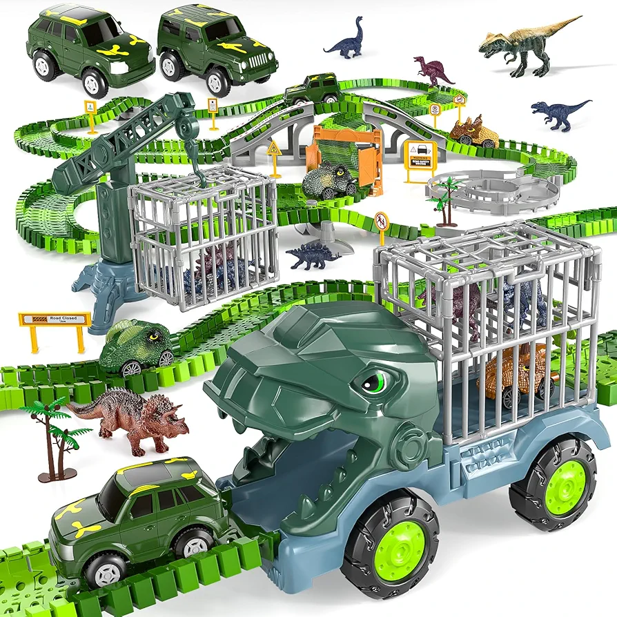 295 Pcs Dinosaur Toys Race Tracks, Create A Dinosaur World Road Race, Flexible Track Playset w/Dinosaur Truck, 2 Jeeps, 4 Dino Cars & 8 Dinos for 3 4 5 6 7 8 9+ Year Old Boys Girls Kids Gift