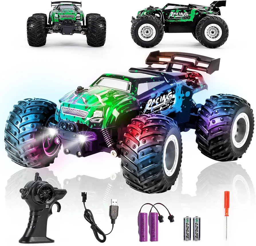 Remote Control Car for Boys Age 4-7 8-12, Remote Control Truck, 2.4Ghz All Terrain Off-Road Monster Truck, 20 KM/H RC Cars with LED Bodylight and 2 Rechargeable Batteries Birthday Toys Gift