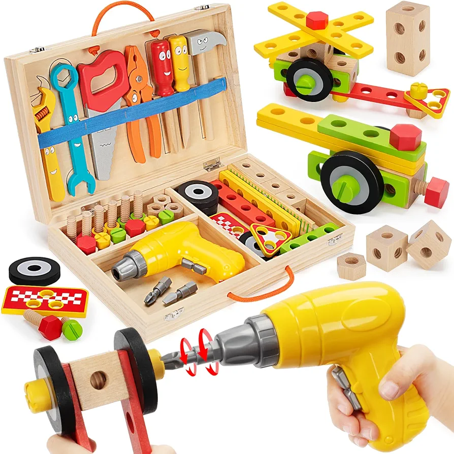 Kids Tool Set Toy with Drill, Stem Montessori Toys for 3 4 5 Years Old Boy Girl, 44 Pcs Wooden Toddler Tool Kits Inc Box, Learning Educational Construction Toy