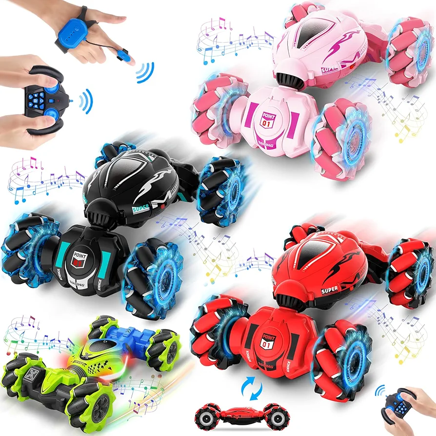 Gesture RC Car, 2.4GHz 4WD Gesture Sensing RC Stunt Car Toys for 6-12 yr Boys Girls, Hand Remote Control Drift Twist Cars Offroad 360° Rotate with Lights Music for Birthday Xmas Gifts, 4 Cars