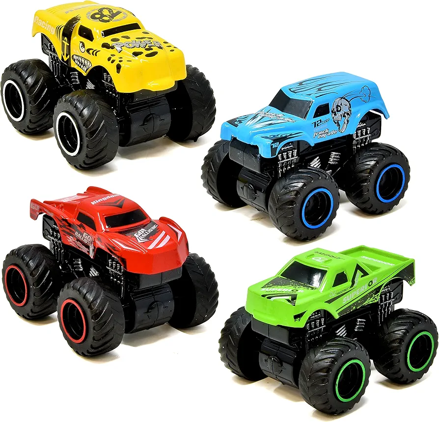 Number 1 In Service Monster Trucks for Boys Inertia Powered 4 Wheels Diecast Mini Vehicle Set Push and Go Small Toy Cars 4 Pack for Toddlers and Kids for Age 3 4 5 6 7 Years