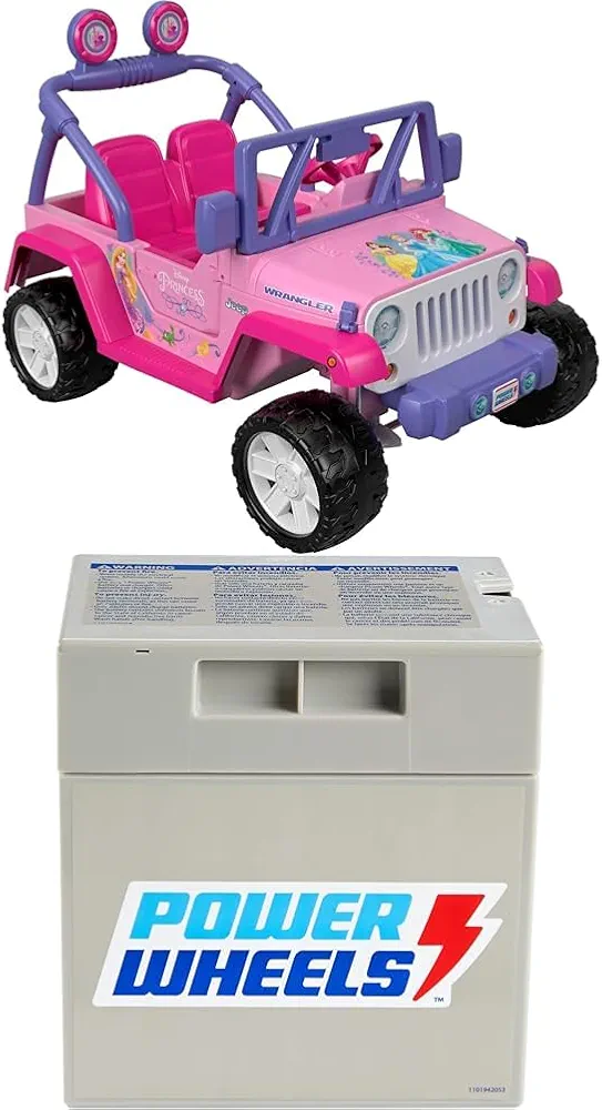 Bundle of Power Wheels Disney Princess Jeep Wrangler Ride-On Vehicle with Sounds and Character Phrases Plus Storage + Replacement Battery 12-Volt 12-Ah Rechargeable