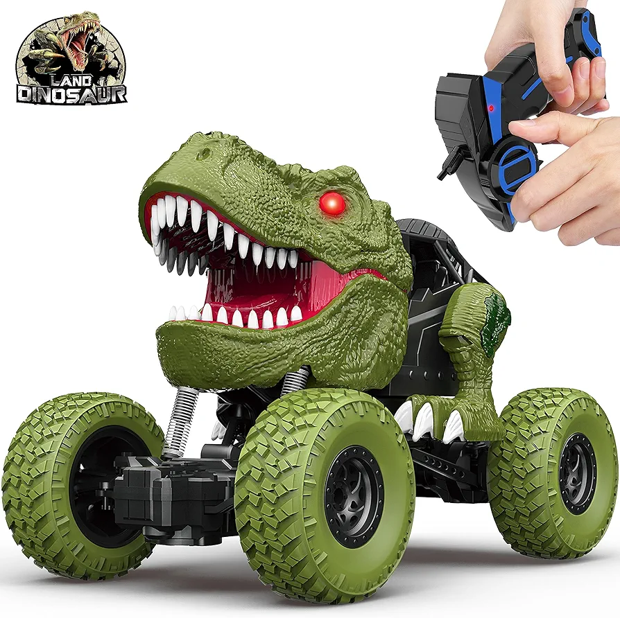 Remote Control Dinosaur Car for Kids Boys, 2.4Ghz All Terrain Remote Control Dinosaur Truck with Light, Rechargeable 4WD Off Road RC Car Toys for Kids 3 4 5 6 7 8-12 Year Old Boys Girls Birthday Gift