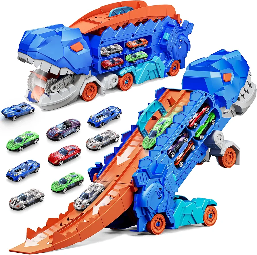 11 in 1 Dinosaur Truck Toys for 3-7, Dinosaur Transport with 8 Metal Cars, City Dinosaur Ultimate Hauler Track toy, Transforms into Stomping Standing Dinosaur Toddler Toys gifts for Kids Boys Ages 3+