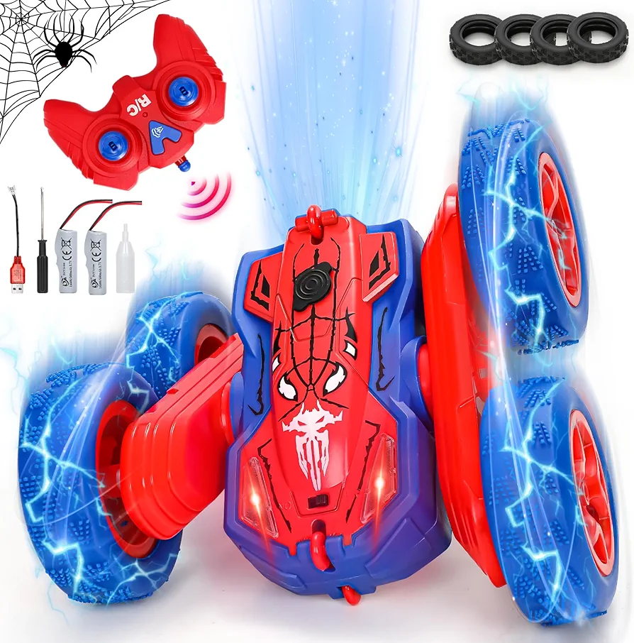 Spider Remote Control Car - 4WD Off Road Drift RC Race Car with Spray and Light, Spidey Double Sided RC Stunt Car Outdoor Toy, Christmas Birthday Gifts for Kids 6 7 8 9 10 11 12 Years Old