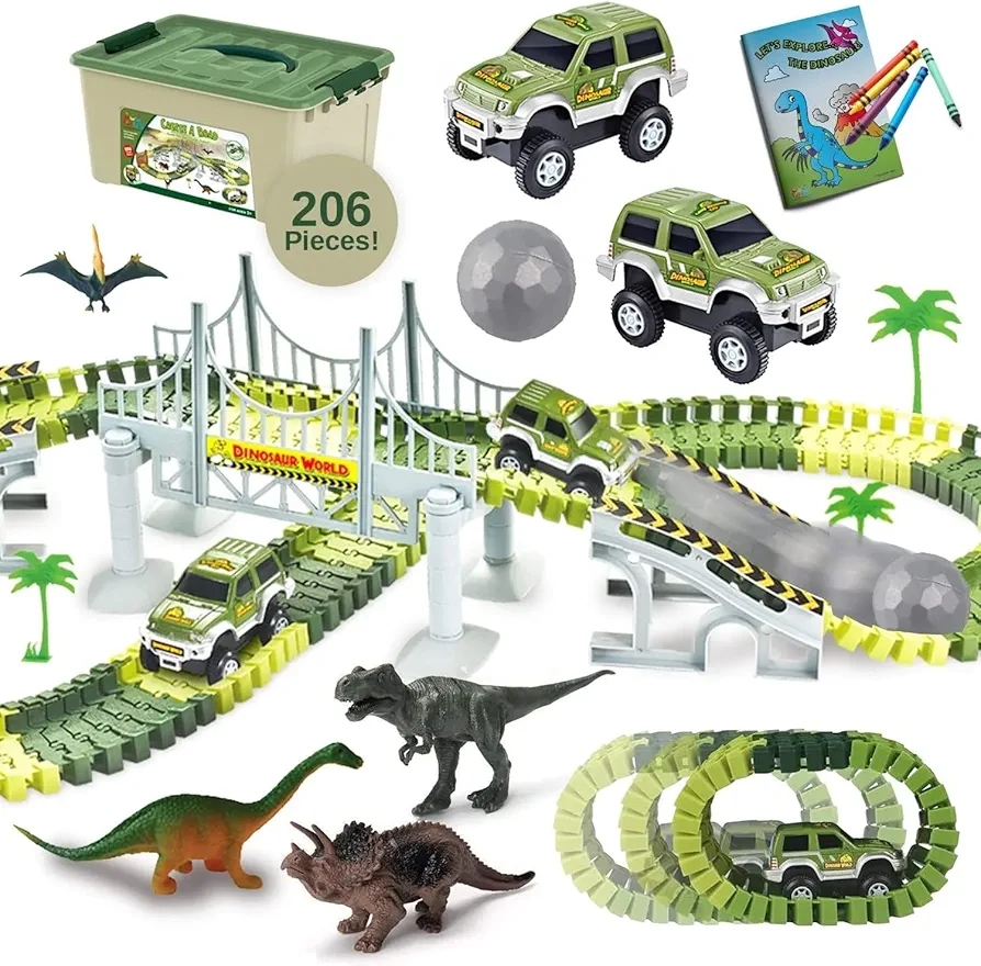 ToyVelt Dinosaur Toys Race Track Toy Set - Create A Dinosaur World Race 2021 Edition Dinosaur Playset includes 3 Cars & Mega Ball and Container Gift for Boys & Girls Ages 3,4,5,6, Years Old and Up