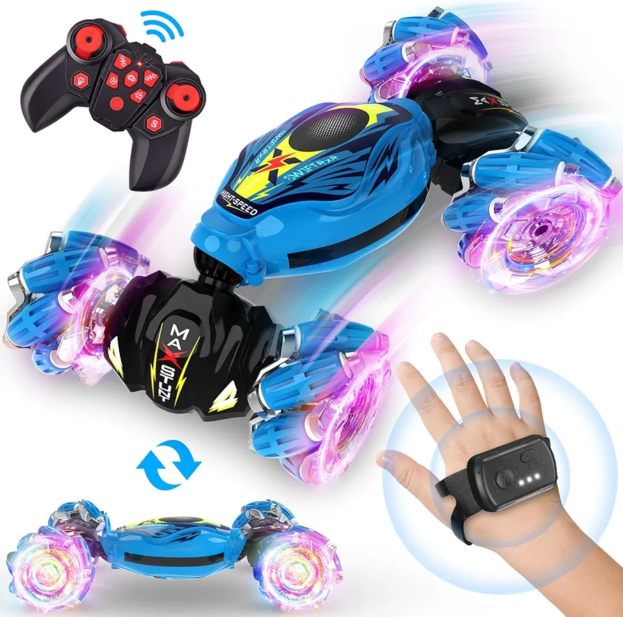 Gesture Sensing RC Stunt Car, Hand Controlled and 2.4GHz Remote Control Toys Car with Light Music, 360° Rotation Gesture Sensor Toys for 3 4 5 6 7 8 Year Old Kids Boys Girls Gifts (Blue)