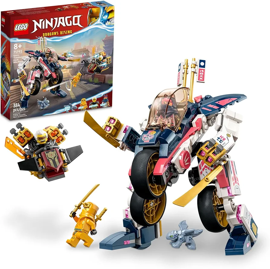 LEGO NINJAGO Sora’s Transforming Mech Bike Racer Building Toys for Kids, Featuring a Mech Ninja bike racer, a Baby Dragon and 3 Minifigures, Gift for Kids Aged 8+, 71792