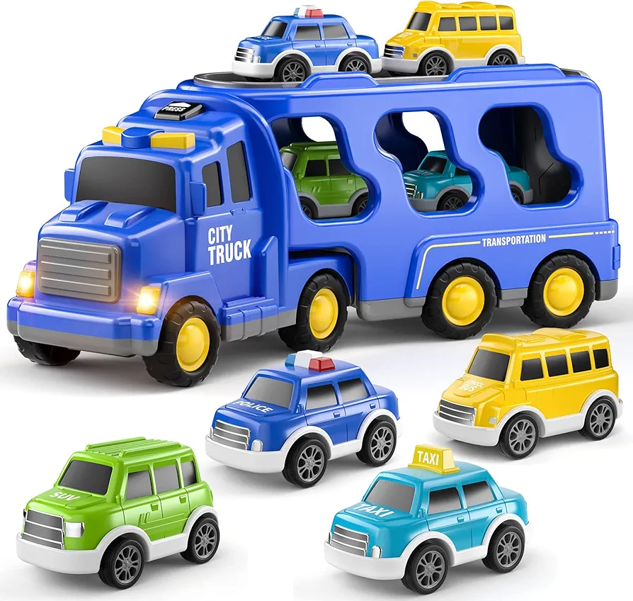 TEMI Toddler Truck Toys for 3 4 5 6 7 Year Old Boys - 5 Pack Carrier Truck Transport City Vehicles Toys, Kids Toys Car for Girls Boys Toddlers Friction Power Set, Push and Go Play Vehicles Toys