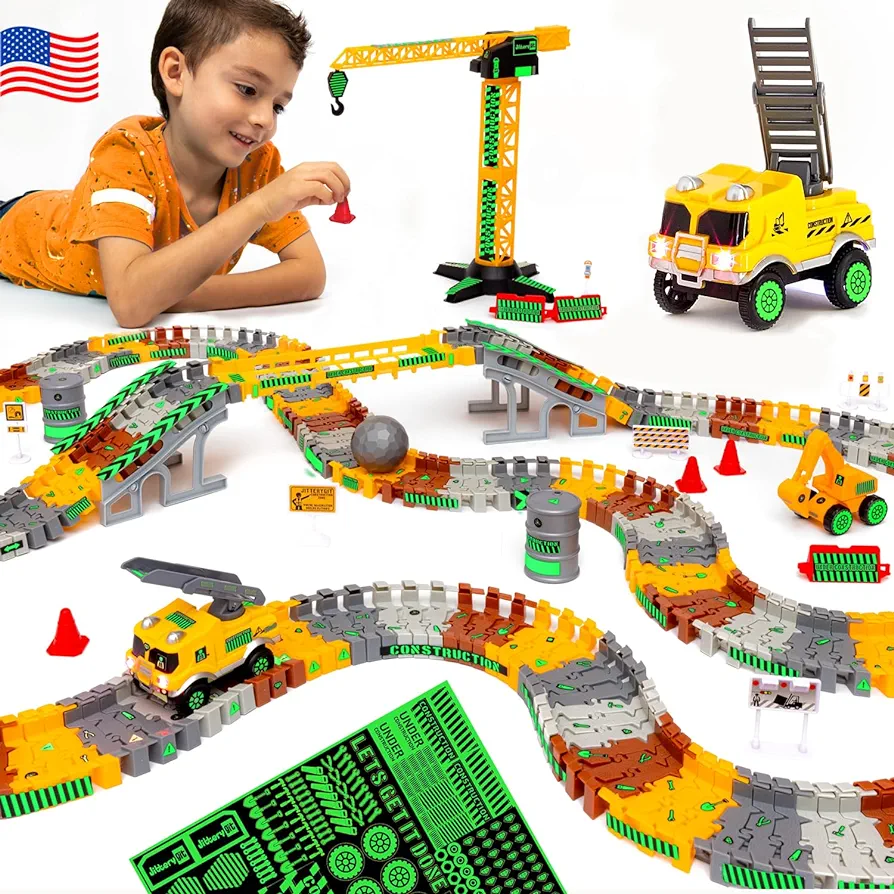 JITTERYGIT Construction Race Track Site Toy - Including Sandbox Vehicles, Trucks, Excavator, Bulldozer, Dump Truck, Crane - Birthday Gift for Kids, Boys, Girls, Toddlers for Ages 3 4 5 6 7 8 Year Old