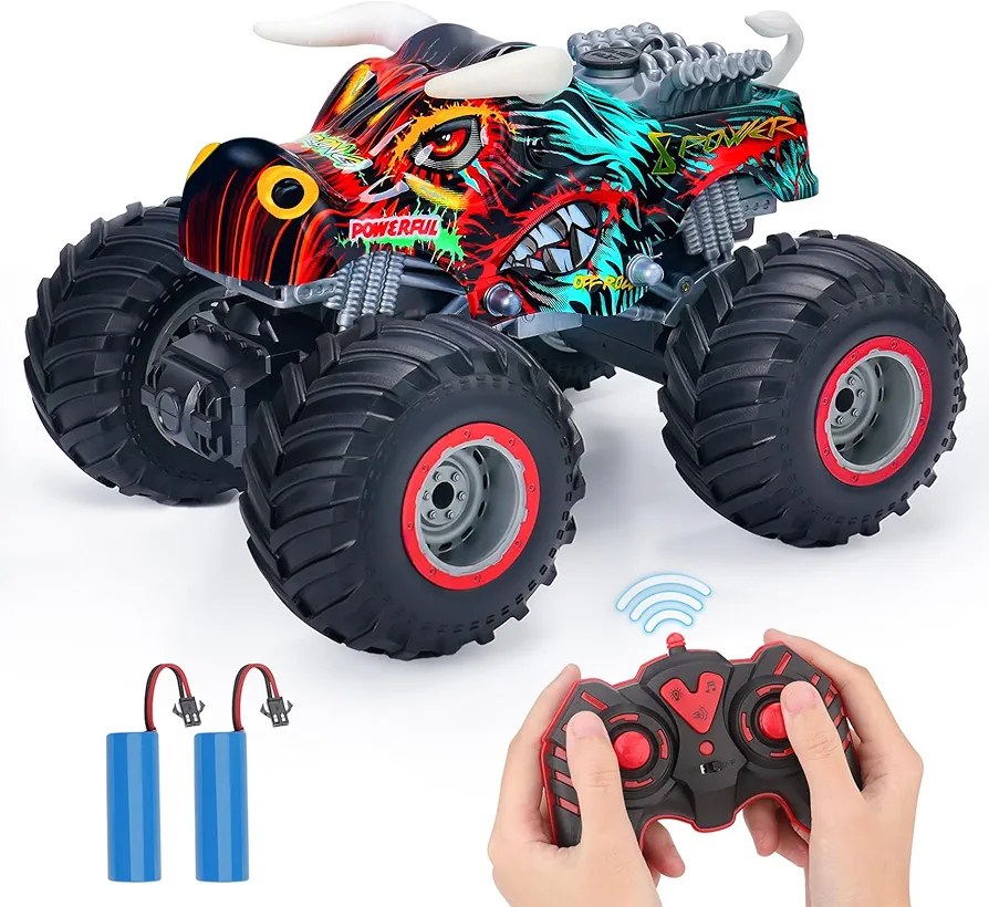 PREBOX Remote Control Monster Truck for Boys 8-12 - RC Bull Car Toys for Kids Age 4-7, Birthday for Boys with Music Lights