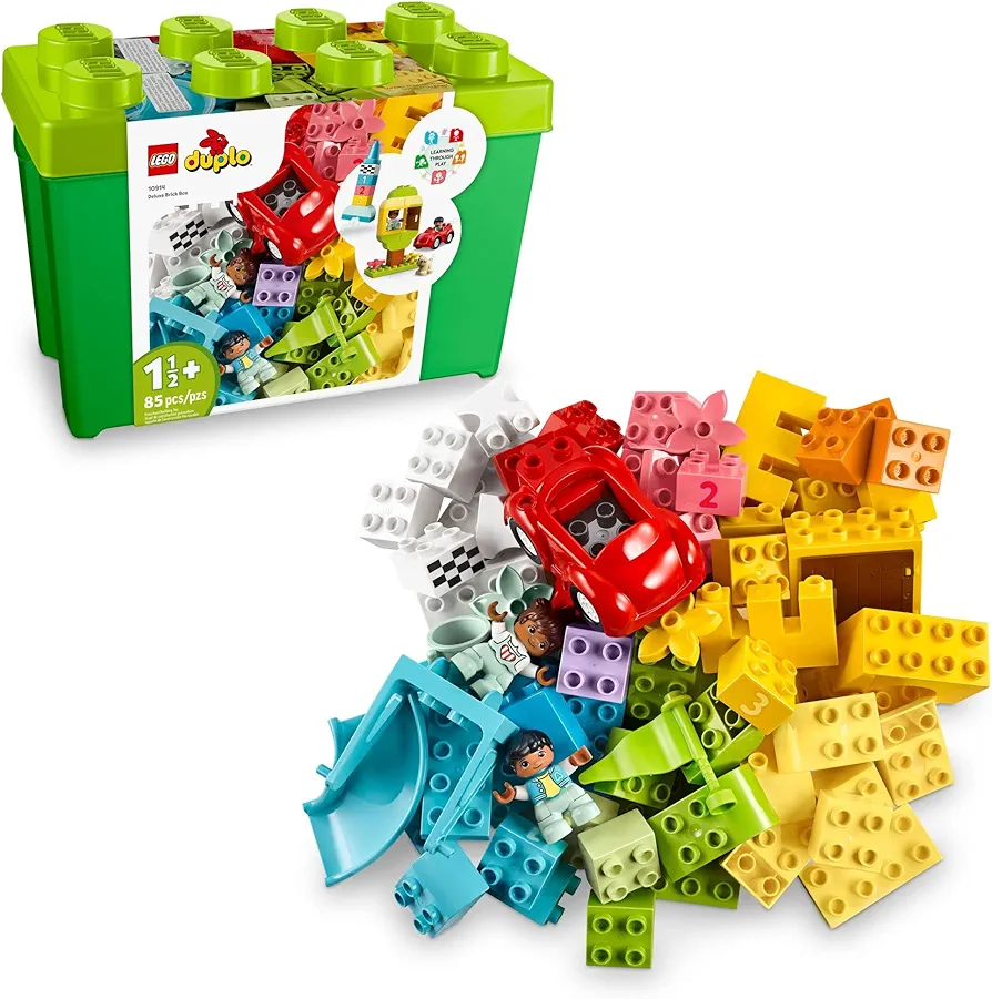 LEGO DUPLO Classic Deluxe Brick Box 10914 Starter Set - Features Storage Box, Bricks, Duplo Figures, Dog, and Car, Creative Play, Great Early Learning Toy for Toddlers Ages 18+ months