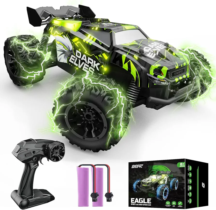 DEERC Remote Control Car, 2.4Ghz Glowing RC Cars W/ 2 Rechargeable Batteries for 40 Min Play, All Terrain Off-Road Monster Truck Toys for Boys Kids Age 4-7 8-12 Birthday Xmas Gift