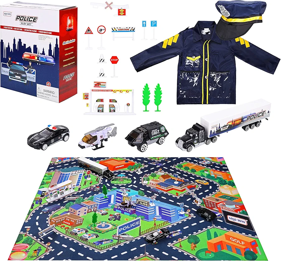 Police Toys and Road Play Mat Set for Boys and Girls – 20 Piece Set with 4 Small Toy Police Car Metal Diecast Vehicles, Police Costume with hat and Search Game- Kids Police Gear