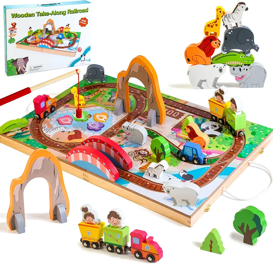 Wooden Take Along Train Set with Magnetic Fishing Game, Animal Stacking Toy for Toddlers 1-3, Portable Wood Train Toy for Traveling, Birthday Gift for 2 3 4 Year Old Boys and Girls, 25 Pcs.