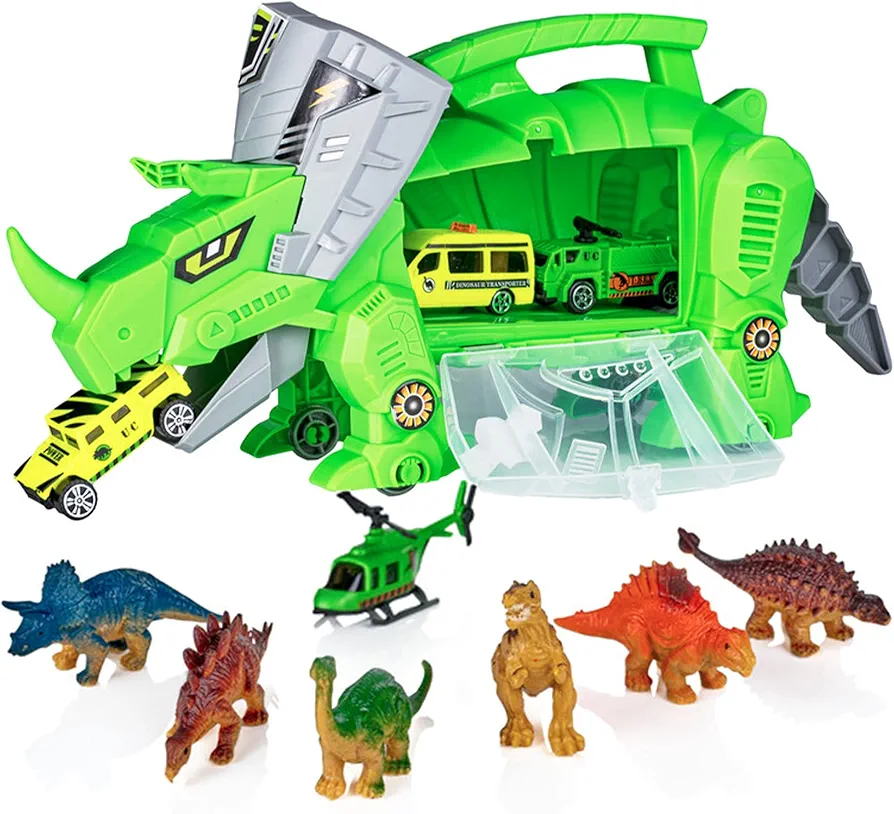 Dinosaur Toys Storage Carrier for Kids Includes 6 Mini Dinosaurs 3 Toy Cars & Helicopter - #1 Best Fun Playset for Boys & Girls - Great for Children Ages 3+ Years Old (Dinosaur)