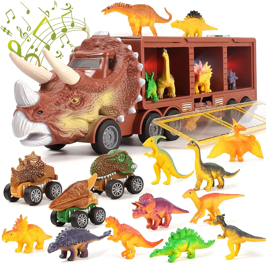 Dinosaur Toy Trucks for Kids - 28 Pack Dinosaur Toy Pull Back Cars Set with Flashing Lights, Music,Roaring Sound,Dinosaur Car with Cars Launcher Track for Boys Girls Age 3 4 5 6 7 8 Year Old (Brown)