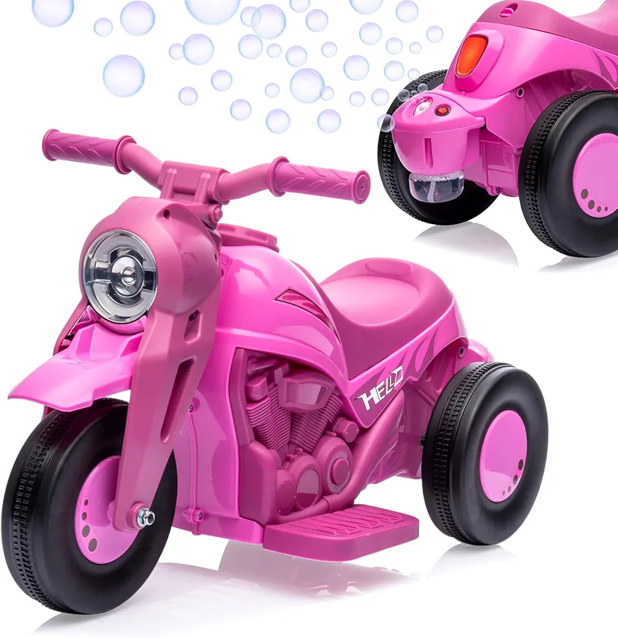 Kids Ride on Bubble Car, Hetoy 6V Battery Powered Electric Motorcycle 1.9 MPH Speed w/LED Headlights, Music, Pedal, Forward/Reserve, 3 Wheels Motorbike Toys Gift for Toddler 3 and Up Boys Girls, Pink