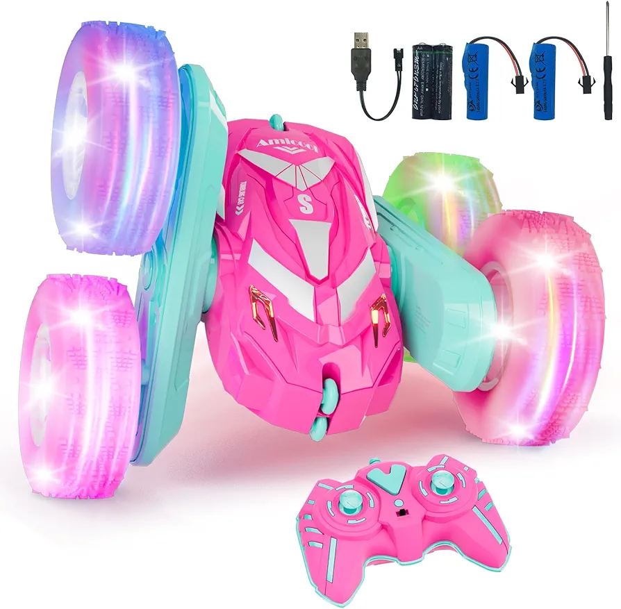 Remote Control Car for Girls 3-12 with Flashing Light, Toys 4 5 6 7 8 9 Years Old Girl Birthday Gifts Idea, RC Cars Stunt 4WD 2.4Ghz Double Sided 360° Flip, Present for Kids, Christmas, Pink