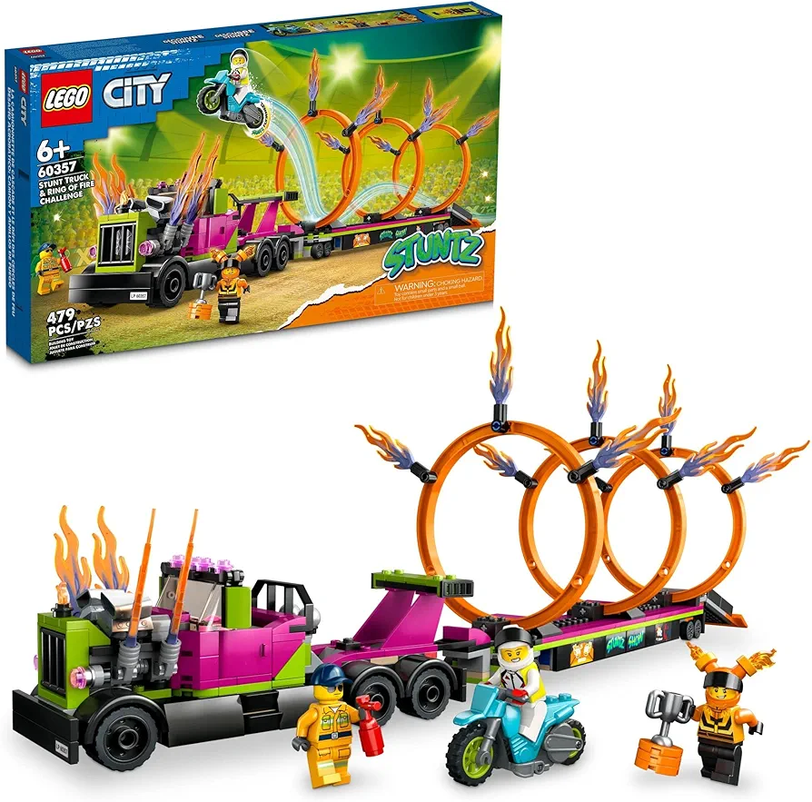 LEGO City Stuntz Stunt Truck & Ring of Fire Challenge 60357 with Flywheel-Powered Motorcycle Toy and Minifigures, Fun Gift for Kids ages 6 Plus, 2023 Set